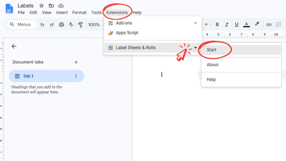Opening the Label Sheets and Rolls add-on in Google Docs