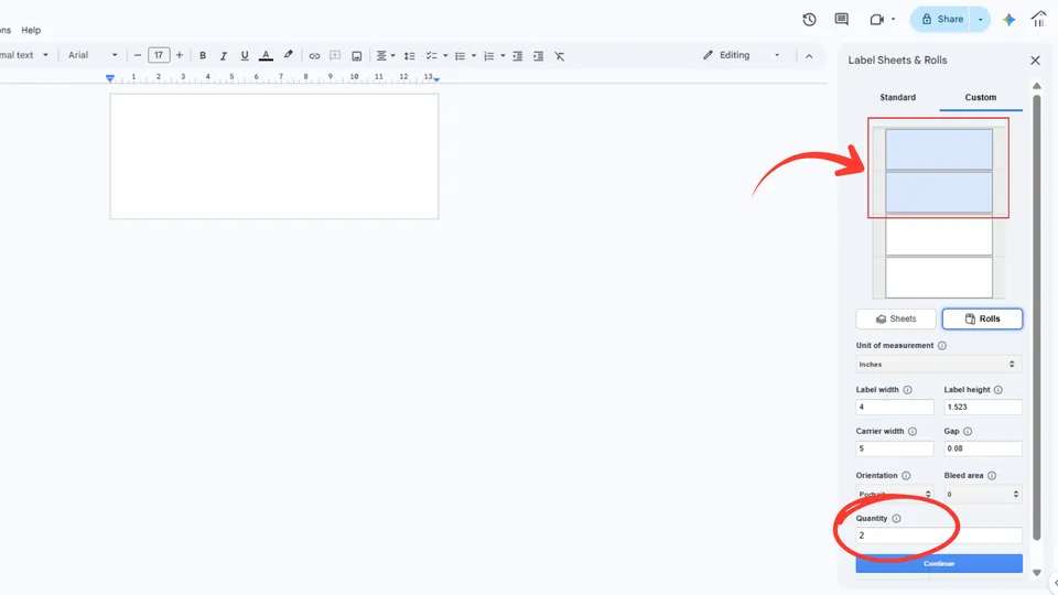Quantity setting for custom roll label sheet in the Label Sheets and Rolls add-on in Google Docs