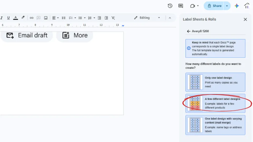 Create multiple label designs on one sheet in Google Docs