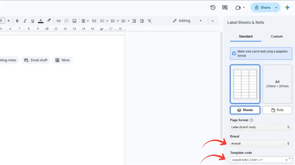 Selecting label sheet brand and template code in the Label Sheets and Rolls add-on