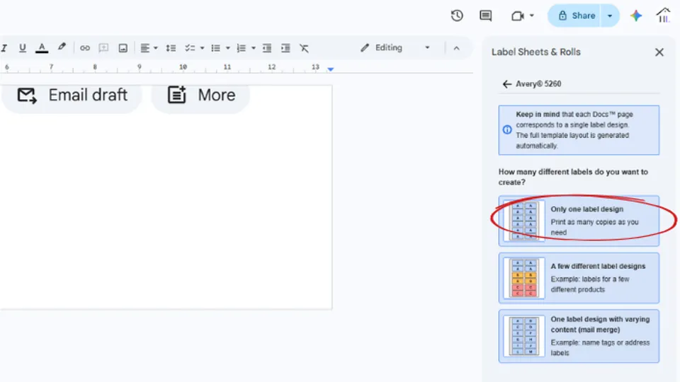 Create one label design for the entire sheet in Google Docs