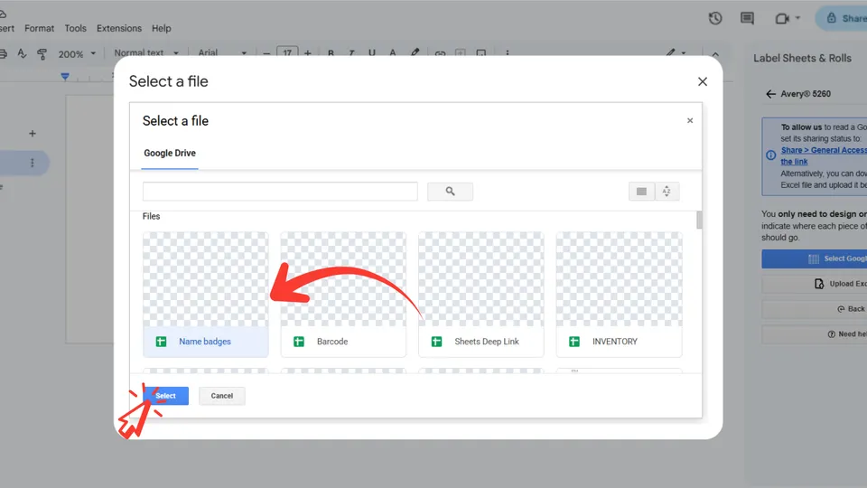 Selecting a Google Sheets spreadsheet from Google Drive in the Label Sheets and Rolls add-on