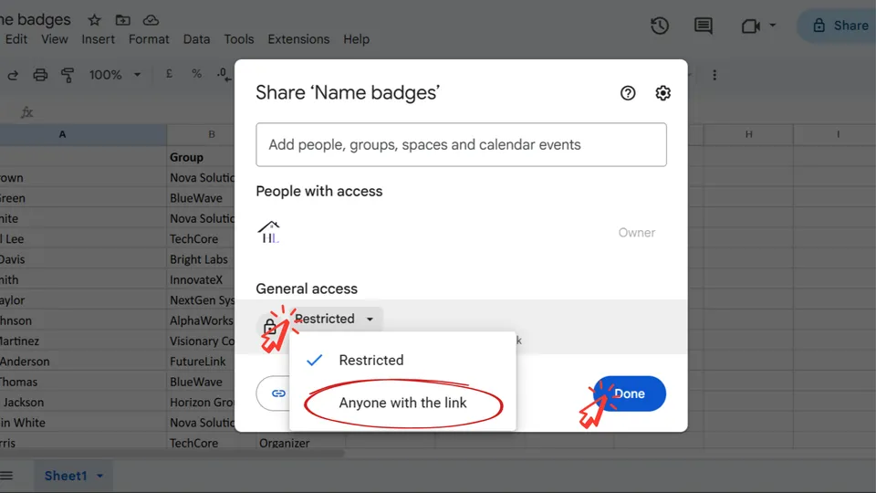 Google Sheets spreadsheet sharing set to Anyone with the link