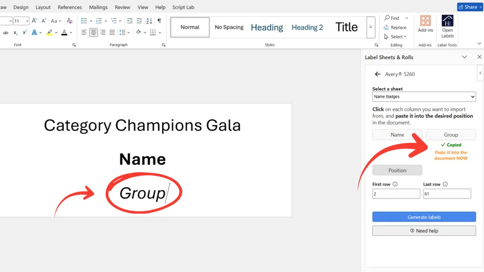 Paste Excel data field into label in Microsoft Word