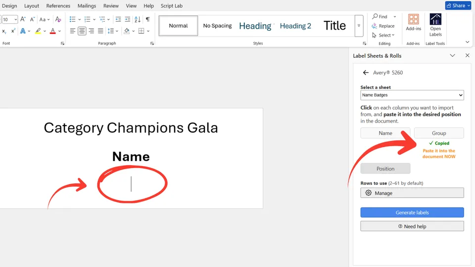 Place cursor for inserting Excel data in Microsoft Word
