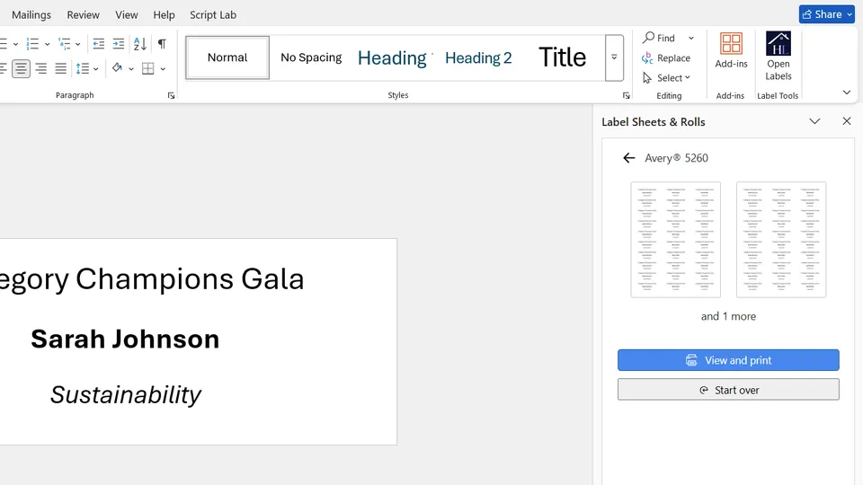 Generate and preview mail merge labels in Microsoft Word add-in