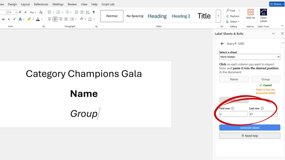 Select row range for mail merge in Microsoft Word add-in