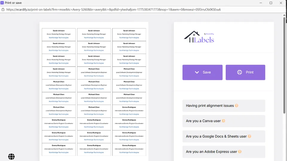 View and print label sheet PDF in Microsoft Word add-in