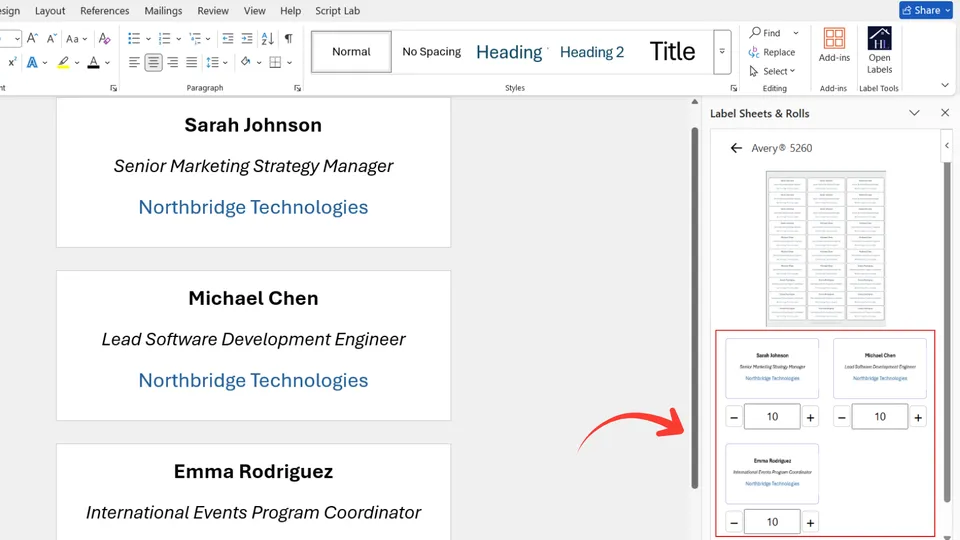 Adjust label quantities per sheet in Label Sheets & Rolls add-in