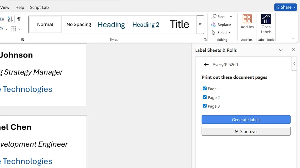 Confirm which labels to include in Microsoft Word add-in