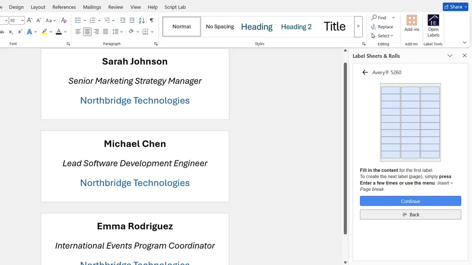 Design multiple labels in Microsoft Word document