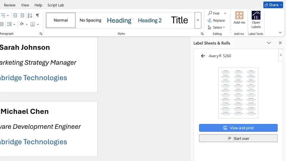 Generate and preview multi-design label printout in Microsoft Word