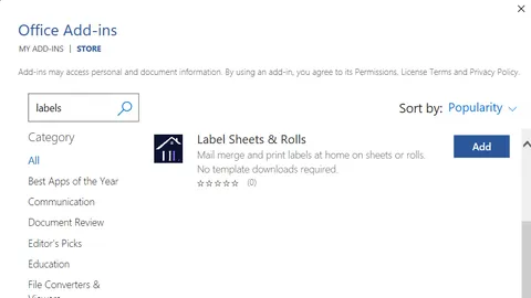 Microsoft Word AppSource search results for Label