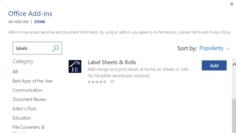 Microsoft Word AppSource search results for Label Sheets