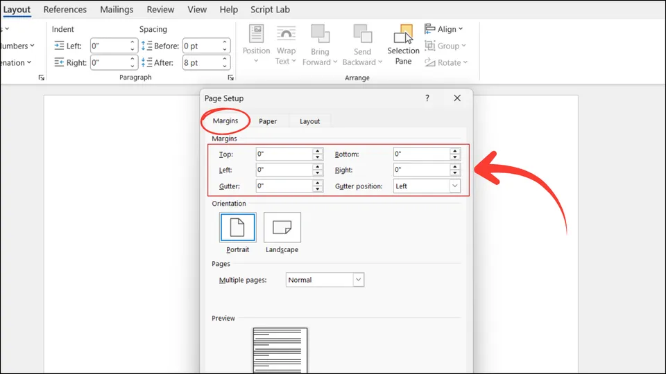 Set page margins to zero in Microsoft Word