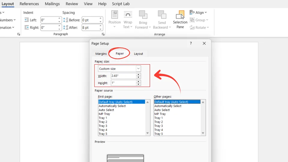 Set paper size for a single label in Microsoft Word