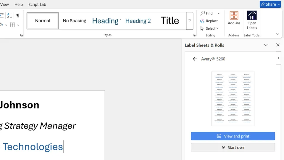 Generate and preview a print-ready label layout in Microsoft Word