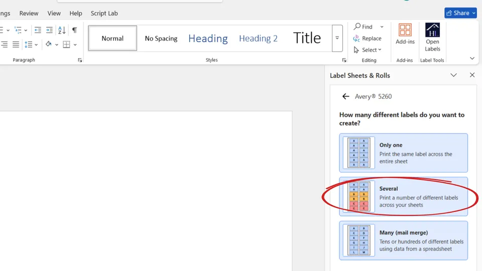 Create multiple label designs on one sheet in Microsoft Word