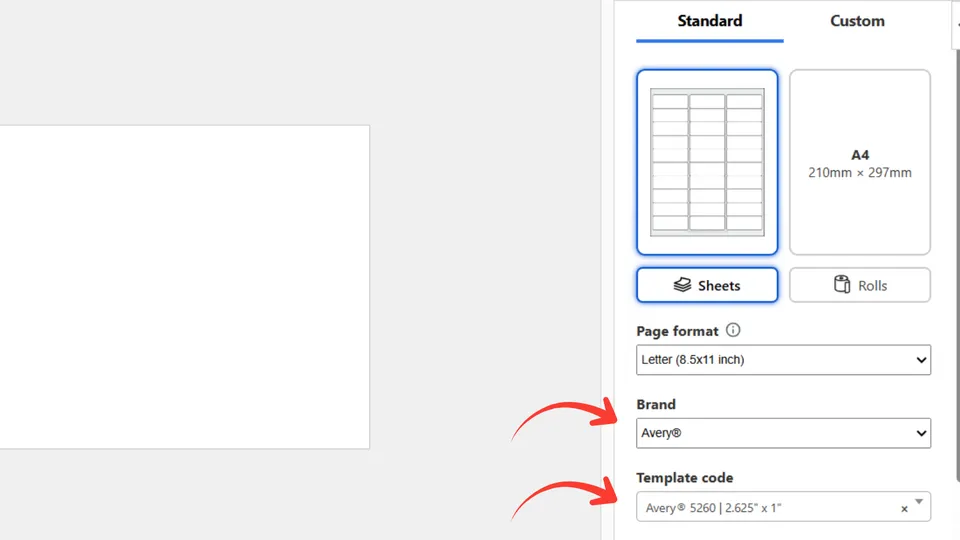 Select label brand and code in the Label Sheets & Rolls add-in