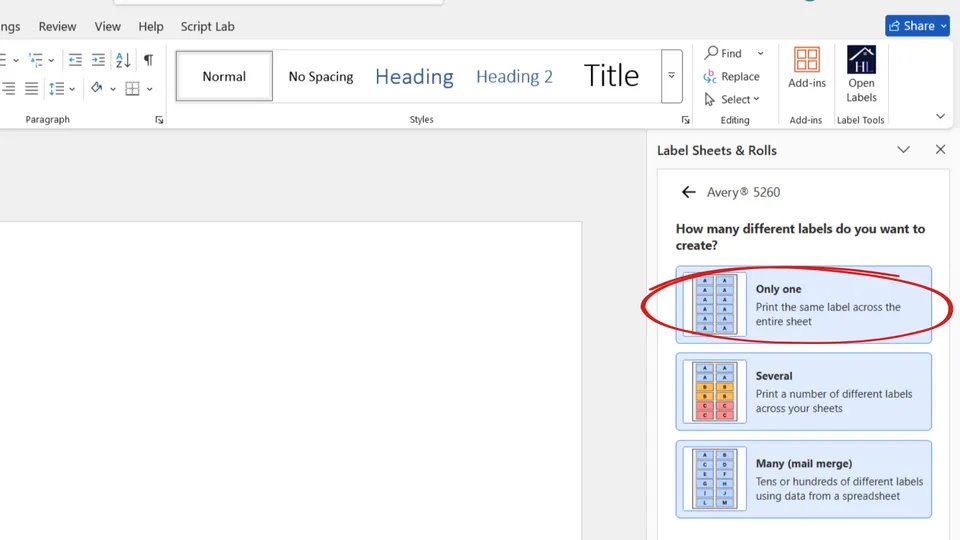 Create one label design for the entire sheet in Microsoft Word