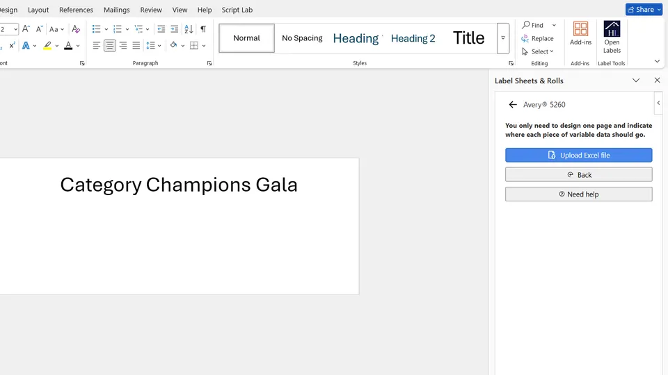 Design static label content before mail merge in Microsoft Word