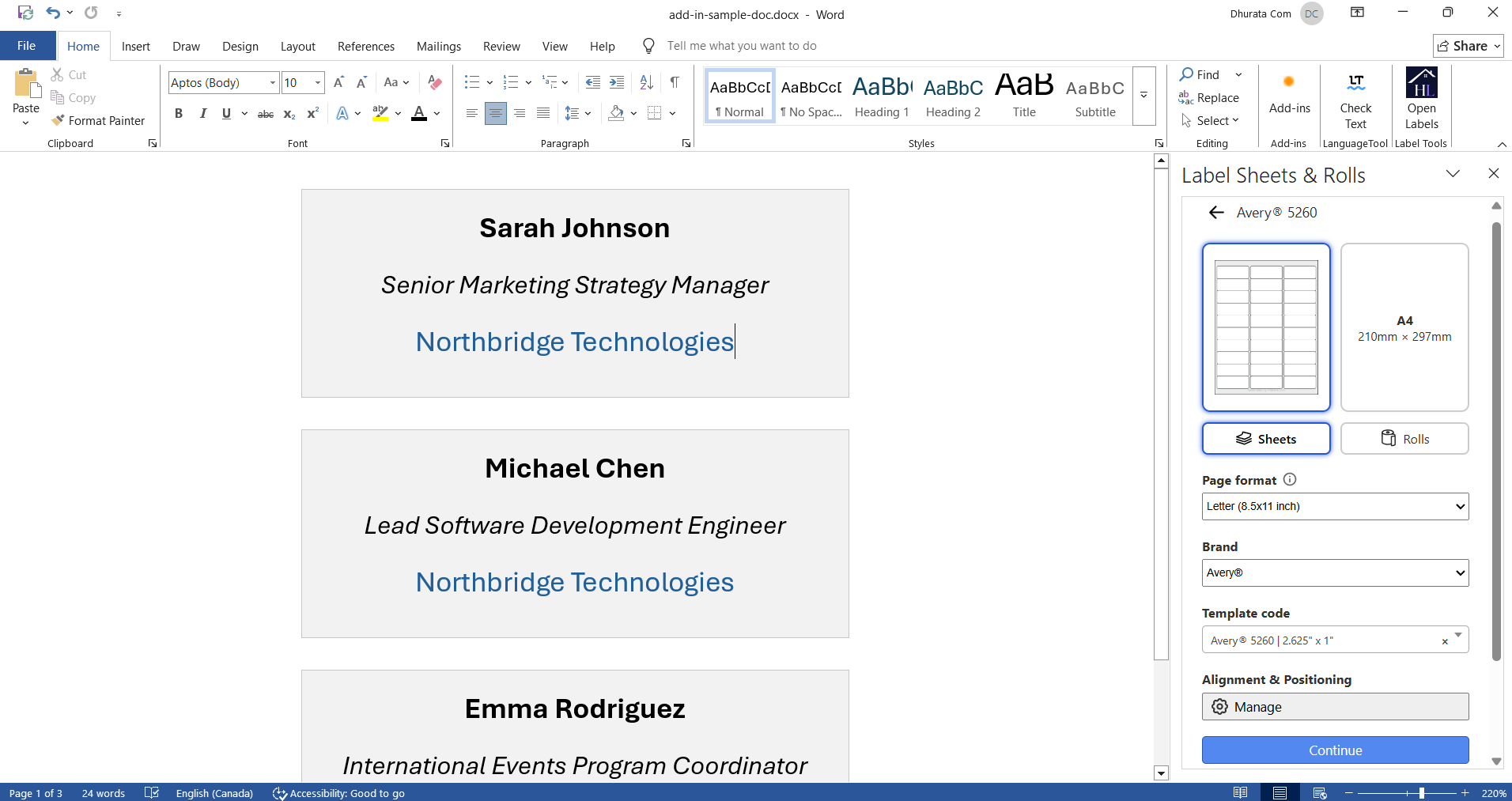 Microsoft Word Labels Sheets & Rolls Add-in screenshot