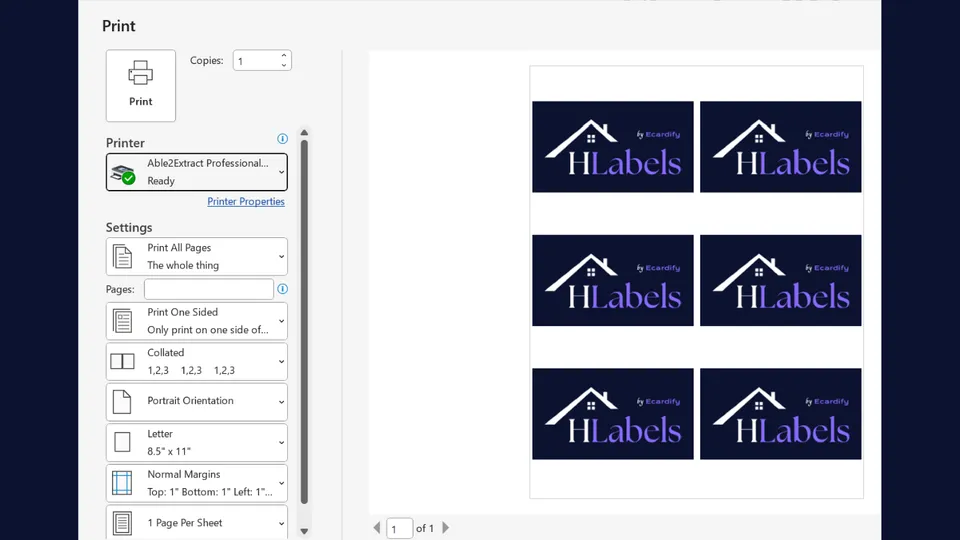 Print dialog window of MS Word application