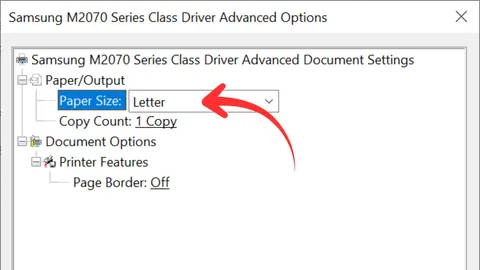 Page Size option within printer software settings