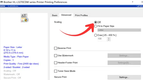 Scaling option within printer software settings
