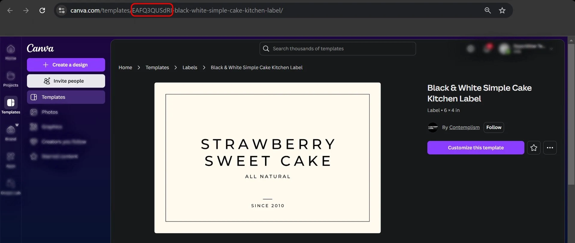 Canva editor showing a label template view and how to locate its ID.