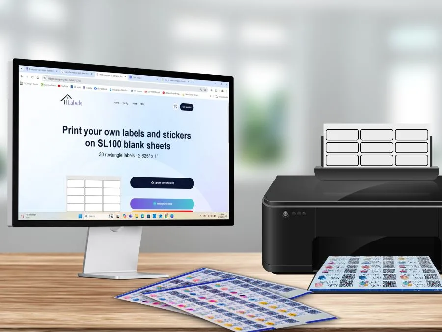 An office table with a computer screen, a desktop printer and printed label sheets.