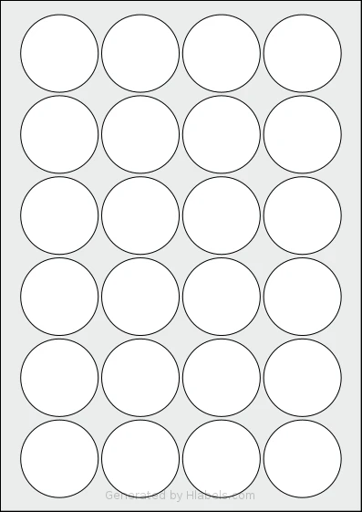 AALabels® AAC024 Template AALabels® AAC024 template with 24 circle labels per sheet, each 45 millimeter in diameter, on A4-size adhesive blank label sheets.