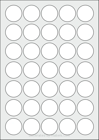 AALabels® AAC035 Template AALabels® AAC035 template with 35 circle labels per sheet, each 35 millimeter in diameter, on A4-size adhesive blank label sheets.