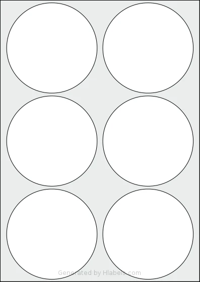 AALabels® AACX06 Template AALabels® AACX06 template with 6 circle labels per sheet, each 95 millimeter in diameter, on A4-size adhesive blank label sheets.