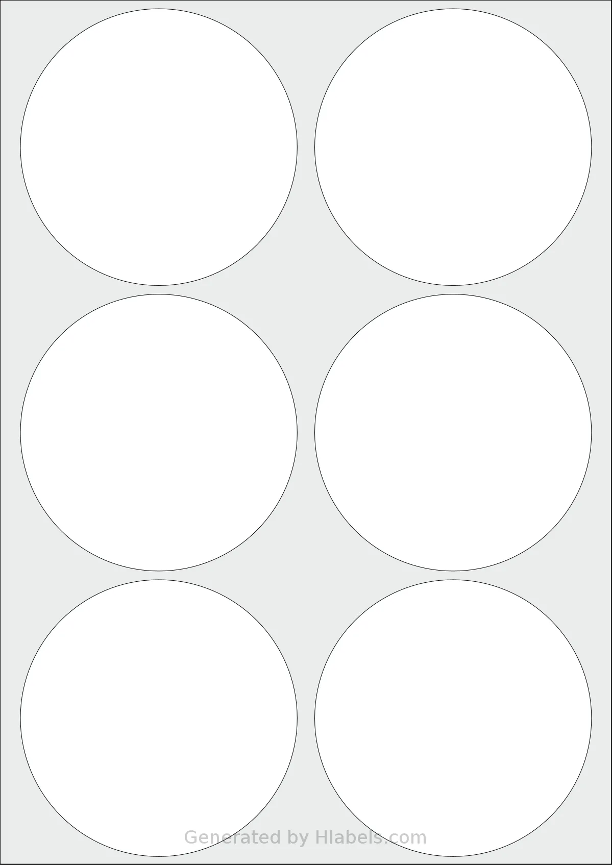 AALabels® AACX06 template with 6 circle labels per sheet, each 95 millimeter in diameter, on A4-size adhesive blank label sheets.
