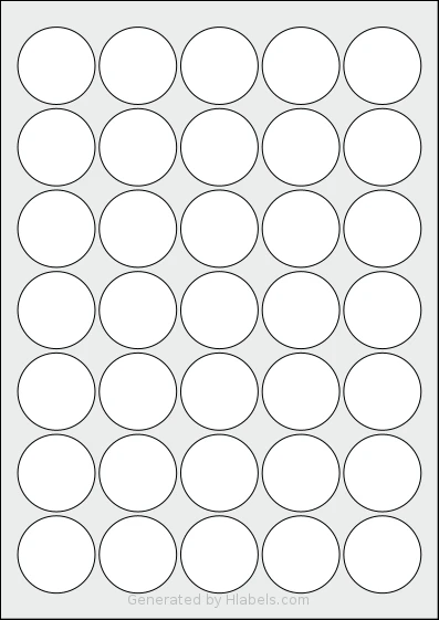 AALabels® AACX35 Template AALabels® AACX35 template with 35 circle labels per sheet, each 37 millimeter in diameter, on A4-size adhesive blank label sheets.