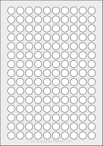 AALabels® AAI150 Template AALabels® AAI150 template with 150 circle labels per sheet, each 15 millimeter in diameter, on A4-size adhesive blank label sheets.