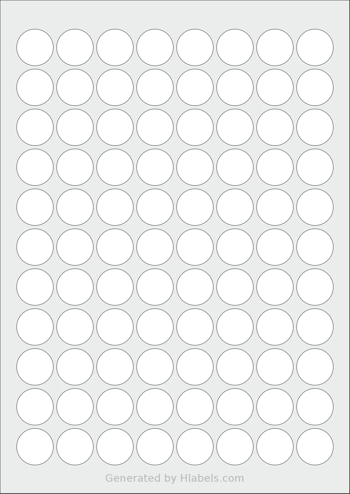 AALabels® AAX088 template with 88 circle labels per sheet, each 22 millimeter in diameter, on A4-size adhesive blank label sheets.