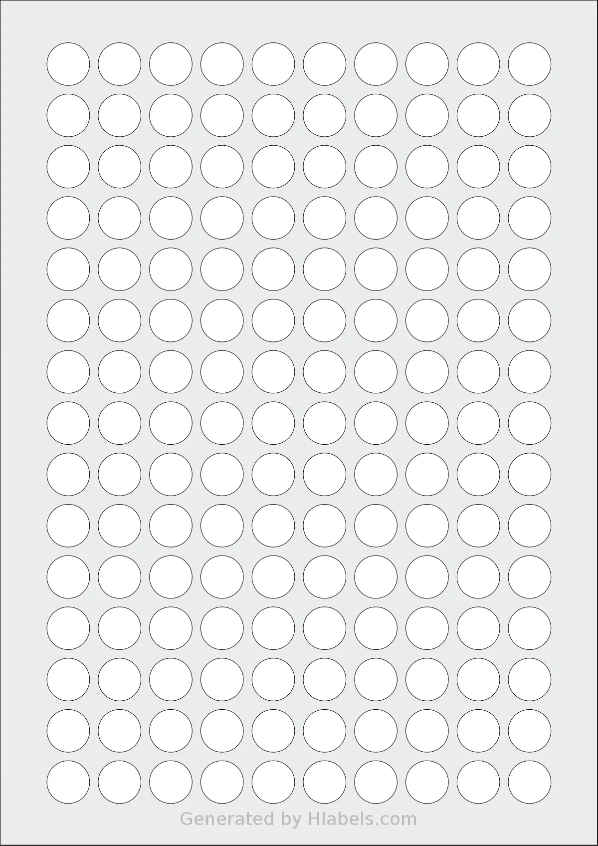 Avery® 15-RND template with 150 circle labels per sheet, each 15 millimeter in diameter, on A4-size adhesive blank label sheets.