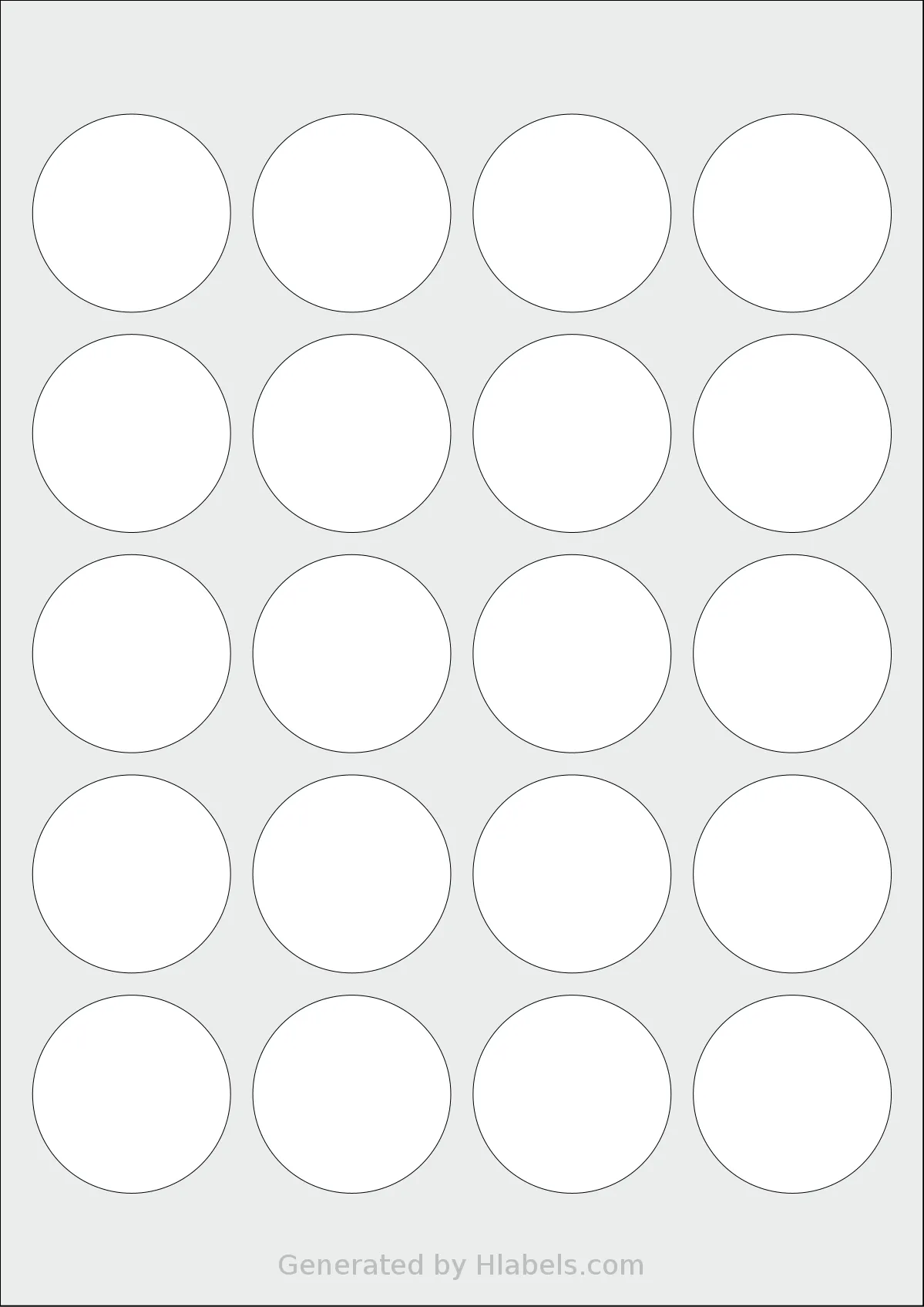 Avery® 45-RND template with 20 circle labels per sheet, each 45 millimeter in diameter, on A4-size adhesive blank label sheets.