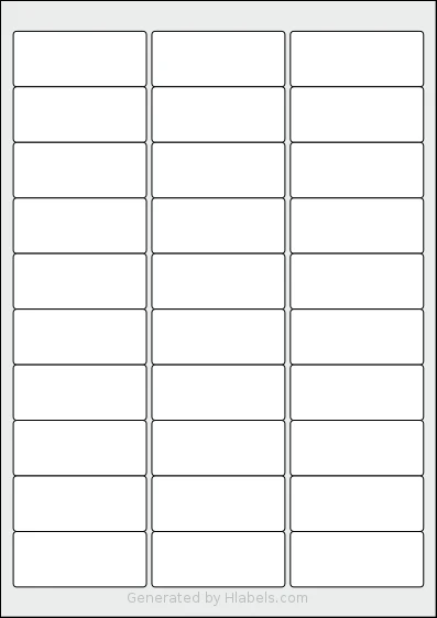 Avery® 64x26-R template with 30 rectangular 64 x 26.7 millimeter labels per sheet, on A4-size adhesive blank label sheets.