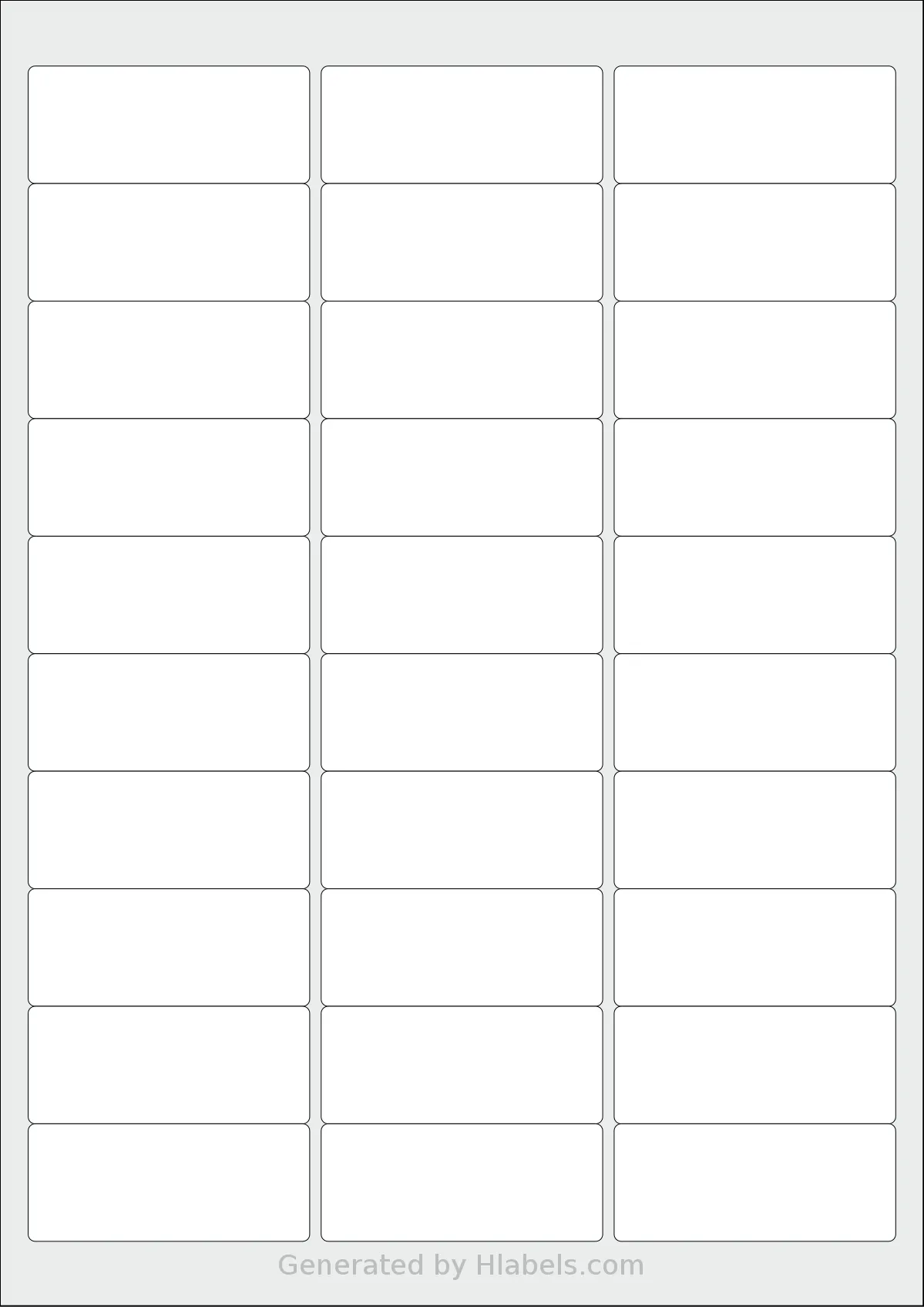 Avery® 64x26-R template with 30 rectangular 64 x 26.7 millimeter labels per sheet, on A4-size adhesive blank label sheets.