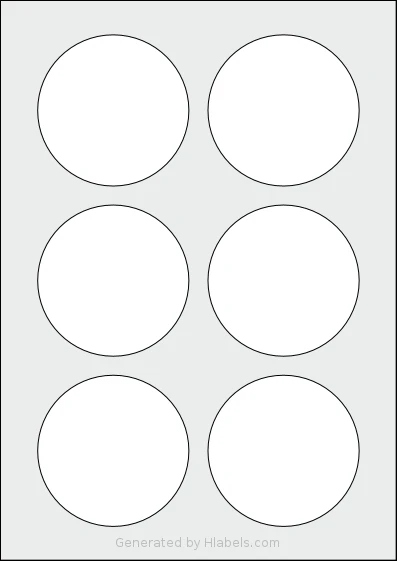 Avery® 80-RND template with 6 circle labels per sheet, each 80 millimeter in diameter, on A4-size adhesive blank label sheets.