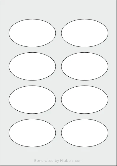 Avery® 84x50-O template with 8 oval 84 x 50 millimeter labels per sheet, on A4-size adhesive blank label sheets.