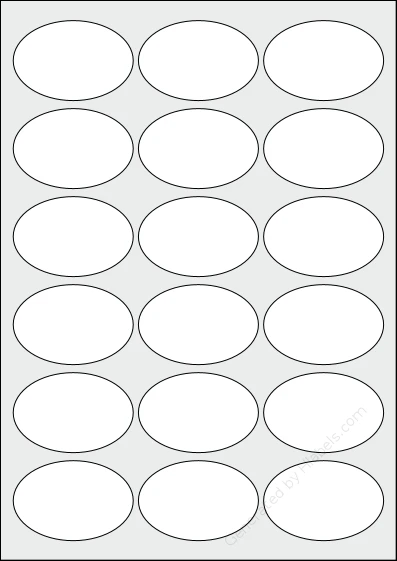Avery® J8102 template with 18 oval 63.5 x 42.33 millimeter labels per sheet, on A4-size adhesive blank label sheets.