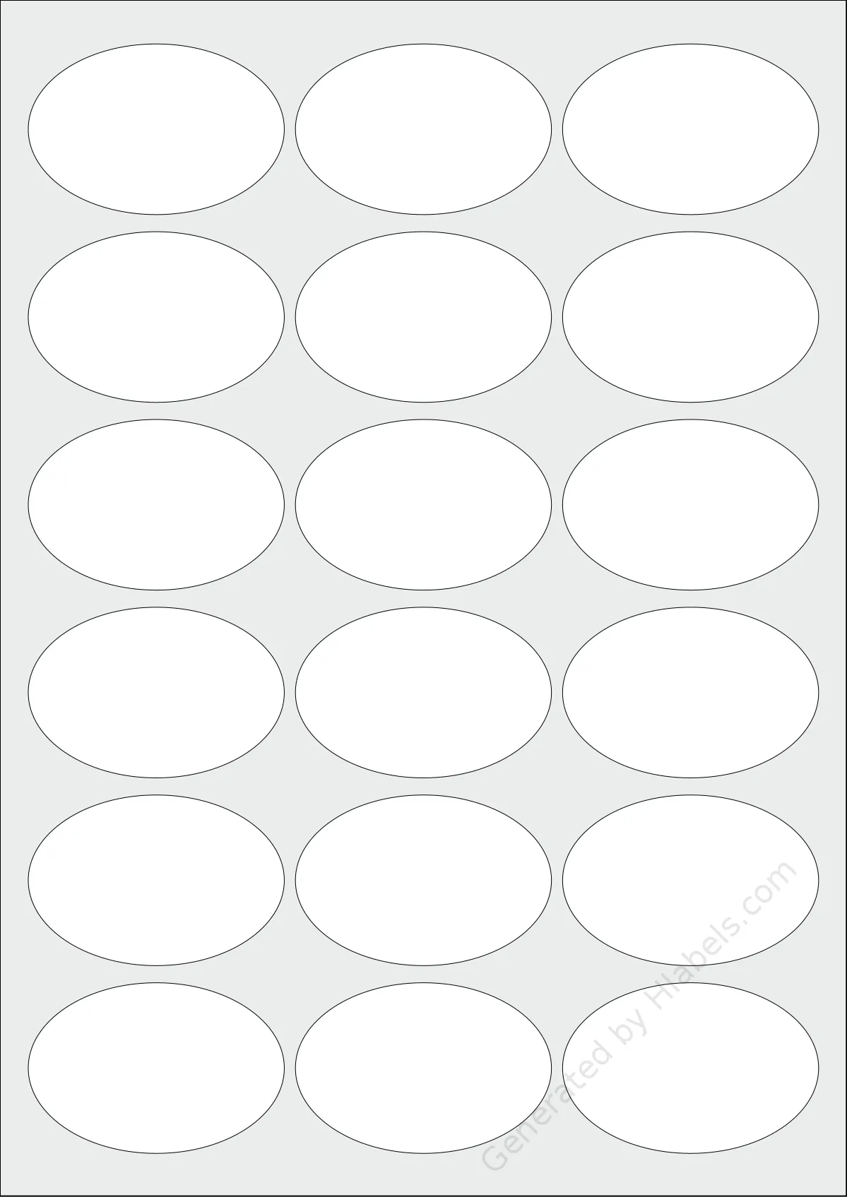 Avery® J8102 template with 18 oval 63.5 x 42.33 millimeter labels per sheet, on A4-size adhesive blank label sheets.