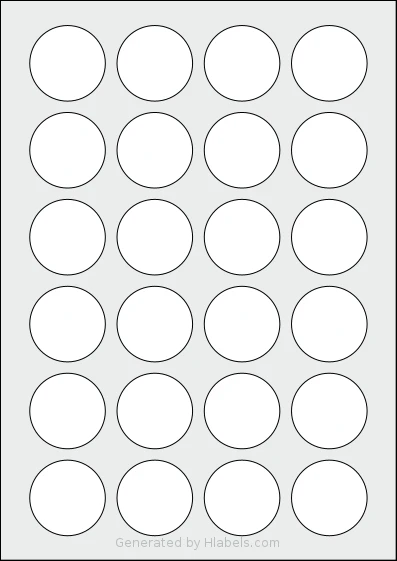 Avery® L3415 template with 24 circle labels per sheet, each 40 millimeter in diameter, on A4-size adhesive blank label sheets.