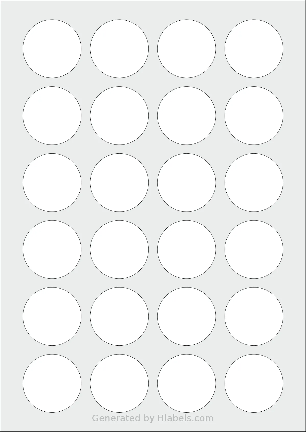 Avery® L3415 template with 24 circle labels per sheet, each 40 millimeter in diameter, on A4-size adhesive blank label sheets.
