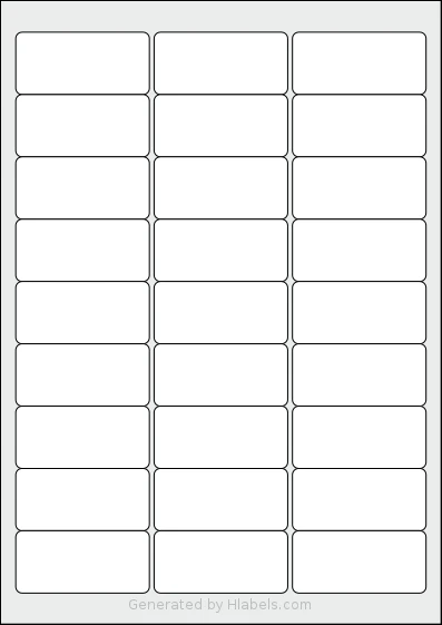 Avery® L4737 template with 27 rectangular 63.5 x 29.6 millimeter labels per sheet, on A4-size adhesive blank label sheets.