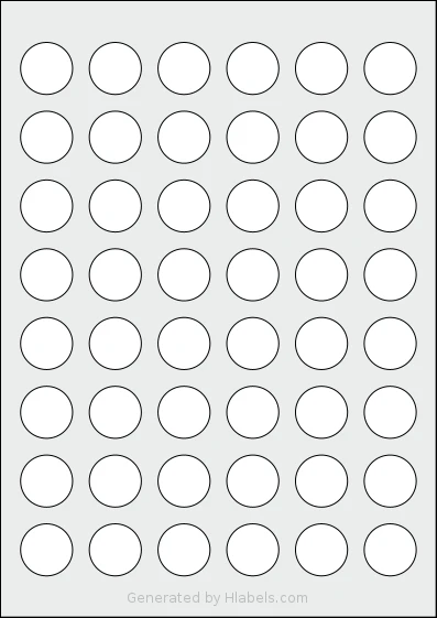 Avery® L4850REV template with 48 circle labels per sheet, each 25 millimeter in diameter, on A4-size adhesive blank label sheets.
